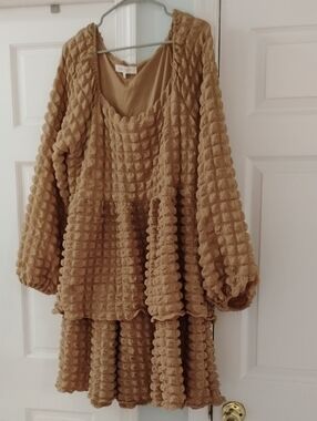 Simply Southern Tan Textured Bubble Dress with Puff Sleeves